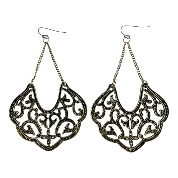 Vintage 1990s–2000s Gold-Tone Filigree Dangle Earrings – Ornate Boho Scroll Desi - Picture 2 of 4